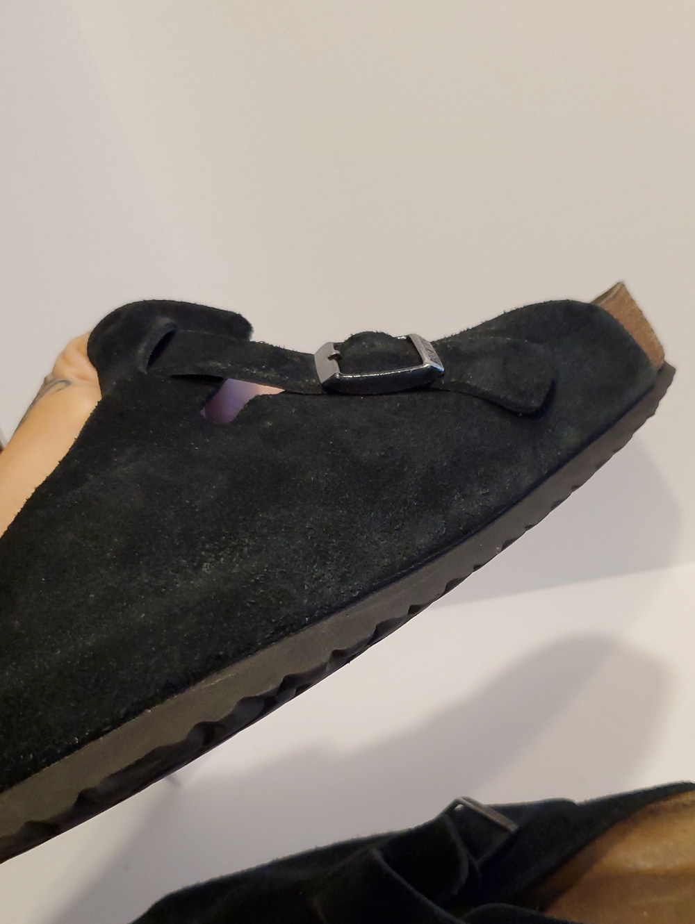Birkenstock Boston Suede Leather Mules Shoes Clogs In Black Size 12 - Picture 13 of 14